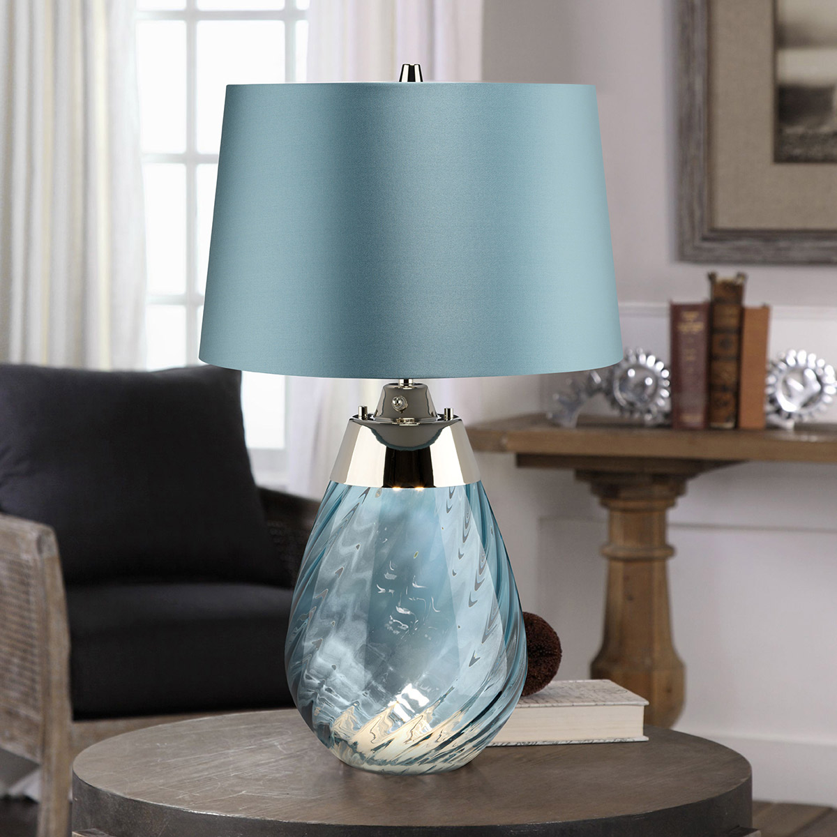 Elstead Lena 2 Light Small Blue Table Lamp - Blue-tinted Glass / Duck Egg Blue Shade LENA-TL-S-BLUE
