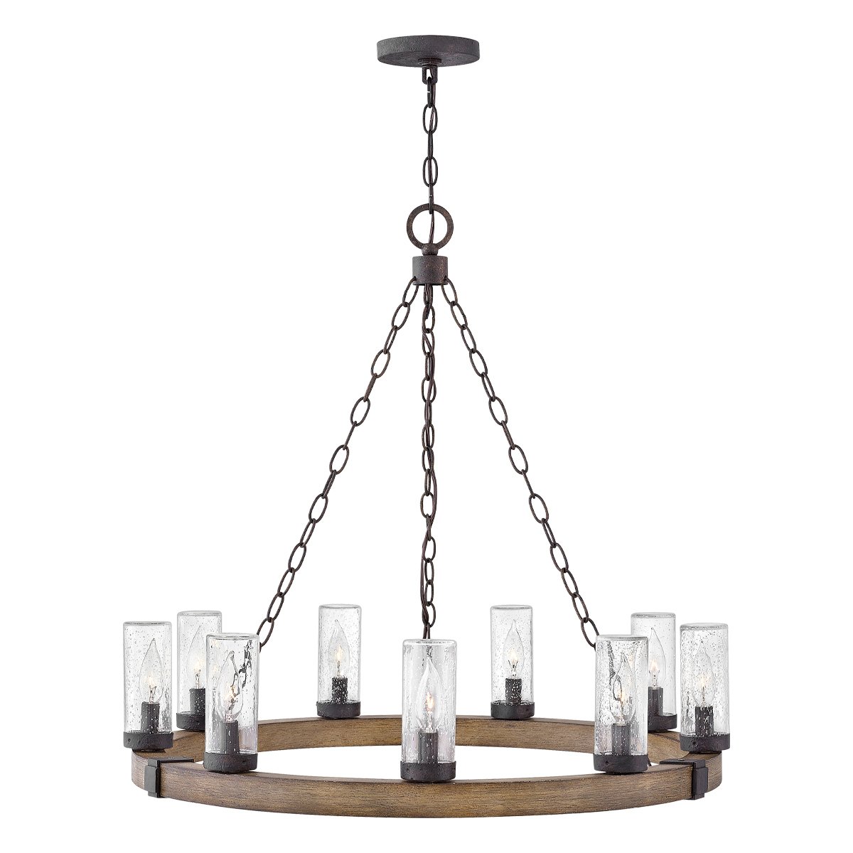 Elstead - HK-SAWYER9-SQ - Hinkley Sawyer lámpara de araña exterior de 9 luces - efecto madera de secuoya con acentos de hierro oxidado y vidrio transparente aserrado