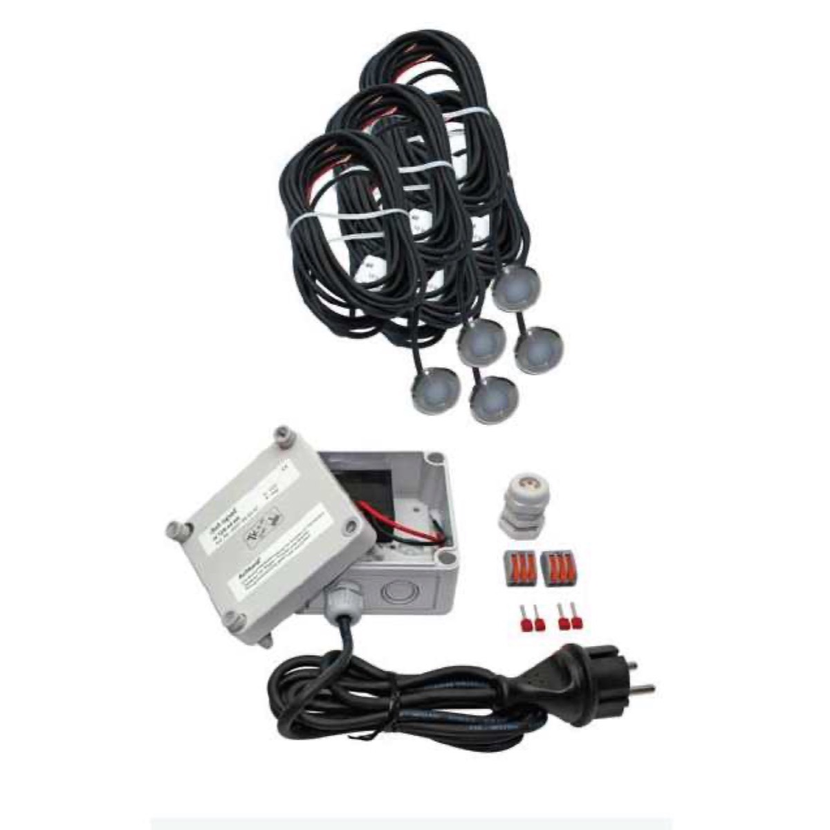 dot-spot - 25405 - 5er Set MiniDisc-Lichtpunkt 12 V, für außen, 5 m PUR- Kabel offen, warmweiß mit Netzteil