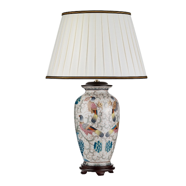 Elstead Ping Tischlampe - Creme mit bunten Vögeln und elfenbeinfarbenem Schirm mit schwarzer und goldener Verzierung DL-PING-TL