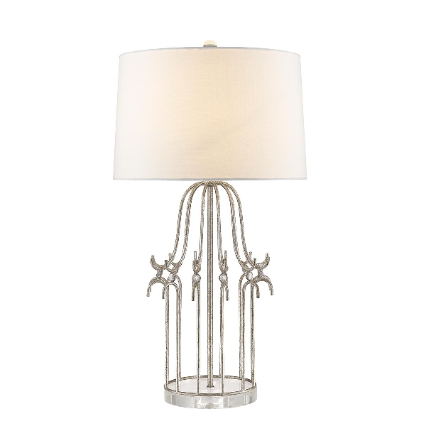 Stella Tischleuchte - Silber mit cremefarbenem Lampenschirm im Used-Look der Firma Elstead