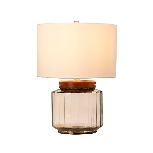Luga Table Lamp - Smoke - Metalwork Aged Brass - Glassware Smoke - Wood Dark Stained der Firma Elstead