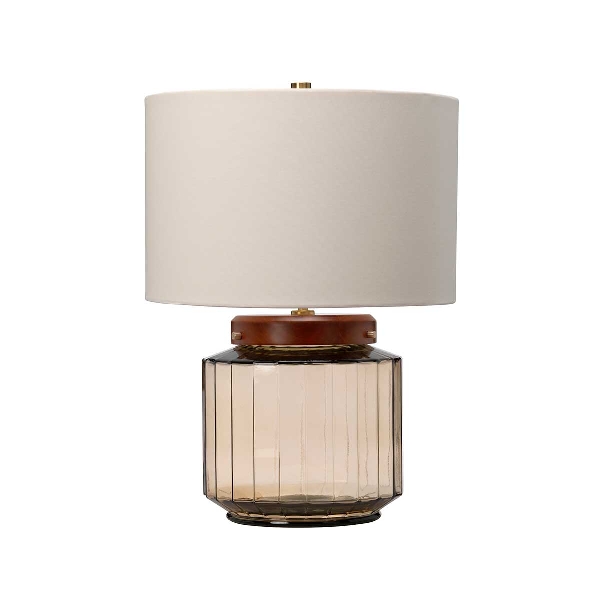 Luga Table Lamp - Smoke - Metalwork Aged Brass - Glassware Smoke - Wood Dark Stained der Firma Elstead